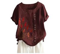 Buy Again My Orders Linen Tops for Women UK Summer Short Sleeve Cotton Linen Shirts 2024 Fashion Crew Neck Button Blouses Dressy Casual Dandelion Print T-Shirts Ladies Elegant Loose Fit Tee