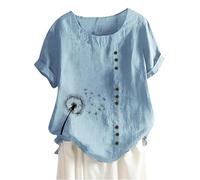 Buy Again My Orders Linen Tops for Women UK Summer Short Sleeve Cotton Linen Shirts 2024 Fashion Crew Neck Button Blouses Dressy Casual Dandelion Print T-Shirts Ladies Elegant Loose Fit Tee