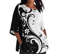 Buy Again My Orders Plus Size Shirts for Women UK Casual Cotton Linen 3/4 Sleeve Crewneck Blouses 2024 Summer Dressy Floral Print T Shirts Ladies Elegant Loose Fit Tops Going Out Tee