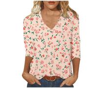 Buy Again My Orders Women Fashion Tops UK Casual 3/4 Sleeve V Neck Shirts 2024 Summer Floral Print Blouses Dressy Comfy Tunic Tops Ladies Elegant Going Out T-Shirts Loose Fit Tee