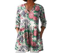 Buy British Day Deals Cocila Womens Linen Tops with Pockets Summer Vintage Floral Printed Tunic Top V Neck 3/4 Sleeve T-Shirt Baggy Swing Tee Shirts Casual Trendy Plus Size Blouse Sale Clearance