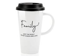 Buyajuju Travel Mug with Handle and Silicone Lid Gift Box Porcelain 16oz Cup Holder Friendly, Tall Coffee Travel Mug Tumbler for Tea, Latte and Hot Chocolate On the Go, Labelled “Family”