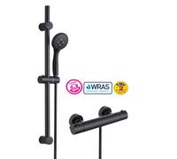 Buyaparcel Matt Black Thermostatic Round Bar Mixer Shower Valve + Riser Rail + Head + Hose