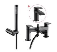 Buyaparcel Matt Black Waterfall Curve Deck Mounted Bath Shower Mixer + Shower Head + Tap