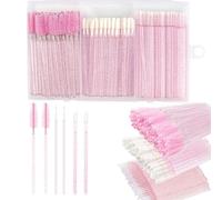 BUYBLIFE 200pcs Disposable Mascara Wands Lip Applicator Makeup Brush Sets, 100pcs Micro Brushes + 50pcs Eyelash Brush + 50pcs Lipstick Wands with Organizer Box Pink