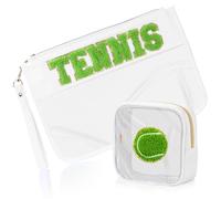 BuyCard 2 Pcs Chenille Letter Patch Clear Travel Bags, Preppy PVC&Nylon Makeup Bag with Zipper, Waterproof Clear Travel Toiletry Bag Storage Bag for Women Girls, TENNIS-White, Tennis Gifts