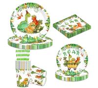 BuyCard 60 Piece Birthday Tableware Set for 10 People | Dino birthday decoration for 10 guests - plates, cups, napkins in dinosaur design. Colourful and cheerful for any celebration
