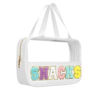 BuyCard Chenille Letter Patch Clear Travel Bags, Preppy PVC&Nylon Makeup Bag with Handle and Zipper, Waterproof Large Clear Travel Toiletry Bag Storage Bag for Women Girls, Snacks-White, Double Handle