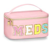 BuyCard Medicines Chenille Letter Bag Nylon Meds Makeup Pouch Preppy Path with Zipper and Handle Cosmetic Toiletry Storage Purse for Women, Pink, Preppy Varsity