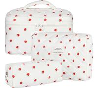 BuyCard Quilted Makeup Bag Set, 3Pcs Cotton Floral Cosmetic Bags, Cute Aesthetic Coquette Makeup Bag Travel Cosmetic Organizer with Toiletry Pouch & Brush Holder for Women, Strawberry Beige