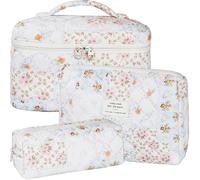 BuyCard Quilted Makeup Bag Set, 3Pcs Large Checkered Corduroy Cosmetic Bags, Cute Coquette Makeup Bag Toiletry Zipper Pouch Bag for Women and Girls Checkered, Patchwork Flower, Cute