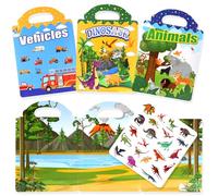 BuyCard Reusable Sticker Book - 3 Pack 3D Sticker Book for Kids for 2+ Year Olds Travel Airplane Activity for Kids Scene Storybook Sticker Gift for Boys Girls