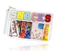 Buycard Snack Bag for Travel with Chenille Letter Patch-Preppy Waterproof Pouch for Travel, Makeup, Gym,Zippered Cosmetic Tote for Women & Girls,Holiday Essentials for Kids. (White)