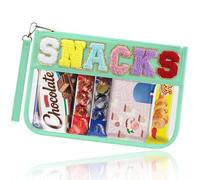 Buycard Snack Bag for Travel with Chenille Letter Patch-Preppy Waterproof Pouch for Travel, Makeup, Gym,Zippered Cosmetic Tote for Women & Girls,Holiday Essentials for Kids. (Minty Green)