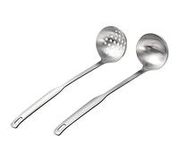 Buyer Star 2 Pcs Soup Ladle Colander, Metallic Frosting Flatware Cookware Serving Long Handle Steel Slotted Spoon Cooking Utensil Set for Hotpot，18/10 Stainless Steel