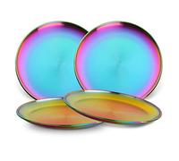 Buyer Star 4-Piece Stainless Steel Dinner Plates Dessert Salad Plates Set Indian, Round Dishes/Barbecue Dish/Cake Mold/Tray/Meat Dish/Rice Plate 9.1 Inch Colorful Metal Platter for Camping (Rainbow)