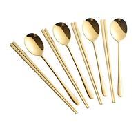 Buyer Star 4 Set Spoons and Chopsticks Dinner Set 18/10 Stainless Steel Korean Chopsticks Spoons Set (Gold)