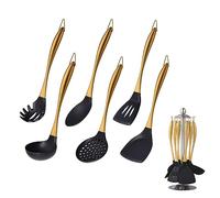 BUYER STAR Kitchen Utensil Set, 7 Pieces Silicone Cooking Utensils with Utensil Holder, Non-Scratch & Heat Resistant Cookware Tool, Ladle Pasta Server Spatula Serving Spoon Slotted Turner (Gold)