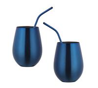Buyer Star Stainless Steel Wine Glasses - Set of 2 Large & Elegant Stemless Goblets (17.6 oz) With straw - Unbreakable, Shatterproof Metal Drinking Tumblers (blue)