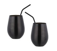 Buyer Star Stainless Steel Wine Glasses - Set of 2 Large & Elegant Stemless Goblets (17.6 oz) with Straw - Unbreakable, Shatterproof Metal Drinking Tumblers (Black)