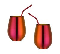 Buyer Star Stainless Steel Wine Glasses - Set of 2 Large & Elegant Stemless Goblets (17.6 oz) with Straw - Unbreakable, Shatterproof Metal Drinking Tumblers (Magic red)