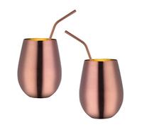 Buyer Star Stainless Steel Wine Glasses - Set of 2 Large & Elegant Stemless Goblets (17.6 oz) with Straw - Unbreakable, Shatterproof Metal Drinking Tumblers (Rose Gold)