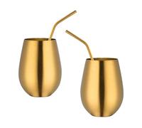 Buyer Star Stainless Steel Wine Glasses - Set of 2 Large & Elegant Stemless Goblets (17.6 oz) With straw - Unbreakable, Shatterproof Metal Drinking Tumblers (gold)