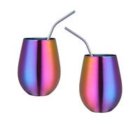 Buyer Star Stainless Steel Wine Glasses - Set of 2 Large & Elegant Stemless Goblets (17.6 oz) with Straw - Unbreakable, Shatterproof Metal Drinking Tumblers (Mirage)