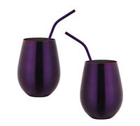 Buyer Star Stainless Steel Wine Glasses - Set of 2 Large & Elegant Stemless Goblets (17.6 oz) with Straw - Unbreakable, Shatterproof Metal Drinking Tumblers (Purple)