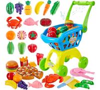 BUYGER Childs Shopping Trolley Cart for Kids with 12 Switchable Music and Light, 5 Types Play Cutting Food Fruit and Vegetable Toy Set Accessories Supermarket Shopping Game Gift for Ages 3+ Year Old