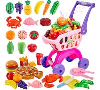 BUYGER Childs Shopping Trolley Cart for Kids with 12 Switchable Music and Light, 5 Types Play Cutting Food Fruit and Vegetable Toy Set Accessories Supermarket Shopping Game Gift for Ages 3+ Year Old