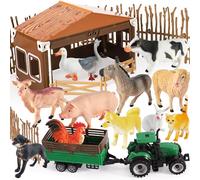 BUYGER Farm Animals Figures, Farm Yard Fences PlaySet with Tractor Trailer | Small World Farmyard Animals, Trailer Vehicle, Assemble Farm Fence House Barn Playset Gifts for 3 4 5 Year Olds Kids Toddler