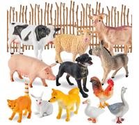 BUYGER Kids Farm Animals Toys for 3 Years Olds, Large and Mini Size Animals Figurines Set with Assemble Fence, Realistic Plastic Farmyard Toys Gifts for Kids Toddler Boys Girls