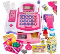 BUYGER Kids Toy Till Cash Register with Receipt Printer Scanner, Children Shopping Cashier Till Toy Play Set Supermarket Pretend Role Play Game Gifts for Age 3 4 5+ Years Old Kids Girls Boys