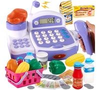 Buyger Toy Cash Register for Kids, Children Toy Till with Scanner Card Machine Lifting Vegetable Weigh Pretend Play Shop Cashier Till Accessories Gifts for Ages 3 4 5 + Years Old