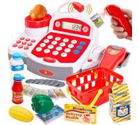 Buyger Toy Cash Register for Kids, Children Toy Till with Scanner Card Machine Lifting Vegetable Weigh Pretend Play Shop Cashier Till Accessories Gifts for Ages 3 4 5 + Years Old