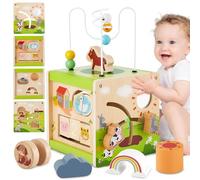 BUYGER Wooden Activity Cube Montessori Toys for 1 2 3+ Year Old Shape Sorter Bead Maze Sensory Eaucational Learning Toys 1st Birthday for Kids Boys Girls Baby 12 18+ Months