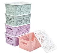 BUYGOO 5Pcs Plastic Storage Baskets with Lids Muti-colour Plastic Organizer Baskets with Handle Small Plastic Rattan Baskets for Shelve, Kitchen, Cupboards, Fridge