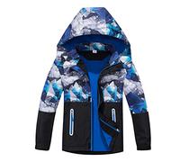 BuyiRen Boys Windbreakers Jacket Rain Jackets Hooded Raincoat Fleece Lined Rain Coats for Kids, Blue Geo Camo, 12-13 Years