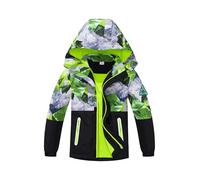 BuyiRen Boys Windbreakers Jacket Rain Jackets Hooded Raincoat Fleece Lined Rain Coats for Kids, Green Geo Camo, 10-11 Years