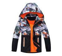 BuyiRen Boys Windbreakers Jacket Rain Jackets Hooded Raincoat Fleece Lined Rain Coats for Kids, Orange Geo Camo, 10-11 Years