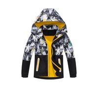BuyiRen Boys Windbreakers Jacket Rain Jackets Hooded Raincoat Fleece Lined Rain Coats for Kids, Yellow Geo Camo, 3-4 Years