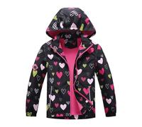BuyiRen Girls Windbreakers Jacket Rain Jackets Hooded Raincoat Fleece Lined Rain Coats for Kids, Black Hearts, 9-10 Years