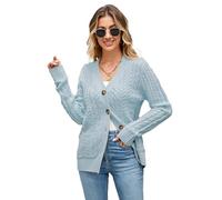 BuyiRen Womens Cardigan Sweaters Cable Knit Sweater 2025 Fall Winter Chunky Open Front Button Down Coats with Pockets, Light Blue, L