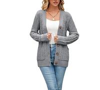 BuyiRen Womens Cardigan Sweaters Cable Knit Sweater 2026 Fall Winter Chunky Open Front Button Down Coats with Pockets, Grey, UK 12-14