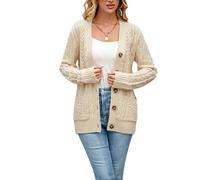 BuyiRen Womens Cardigan Sweaters Cable Knit Sweater 2026 Fall Winter Chunky Open Front Button Down Coats with Pockets, Beige, UK 10