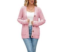 BuyiRen Womens Cardigan Sweaters Cable Knit Sweater 2026 Fall Winter Chunky Open Front Button Down Coats with Pockets, Light Pink, UK 8