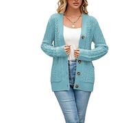 BuyiRen Womens Cardigan Sweaters Cable Knit Sweater 2026 Fall Winter Chunky Open Front Button Down Coats with Pockets, Sky Blue, UK 18-20