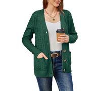 BuyiRen Womens Cardigan Sweaters Cable Knit Sweater 2026 Fall Winter Chunky Open Front Button Down Coats with Pockets, Green, UK 18-20