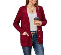 BuyiRen Womens Cardigan Sweaters Cable Knit Sweater 2026 Fall Winter Chunky Open Front Button Down Coats with Pockets, Red, UK 12-14